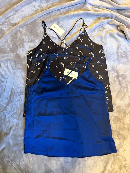 Ekouaer Tops - Two Satin V-Neck Camisole Tank - Royal Blue & black floral